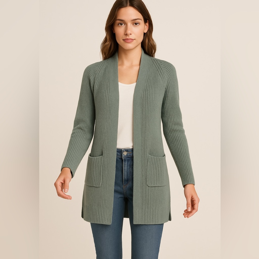 Lou & Grey Sage Green Open-Front Cotton Knit Cardigan Sweater – XS